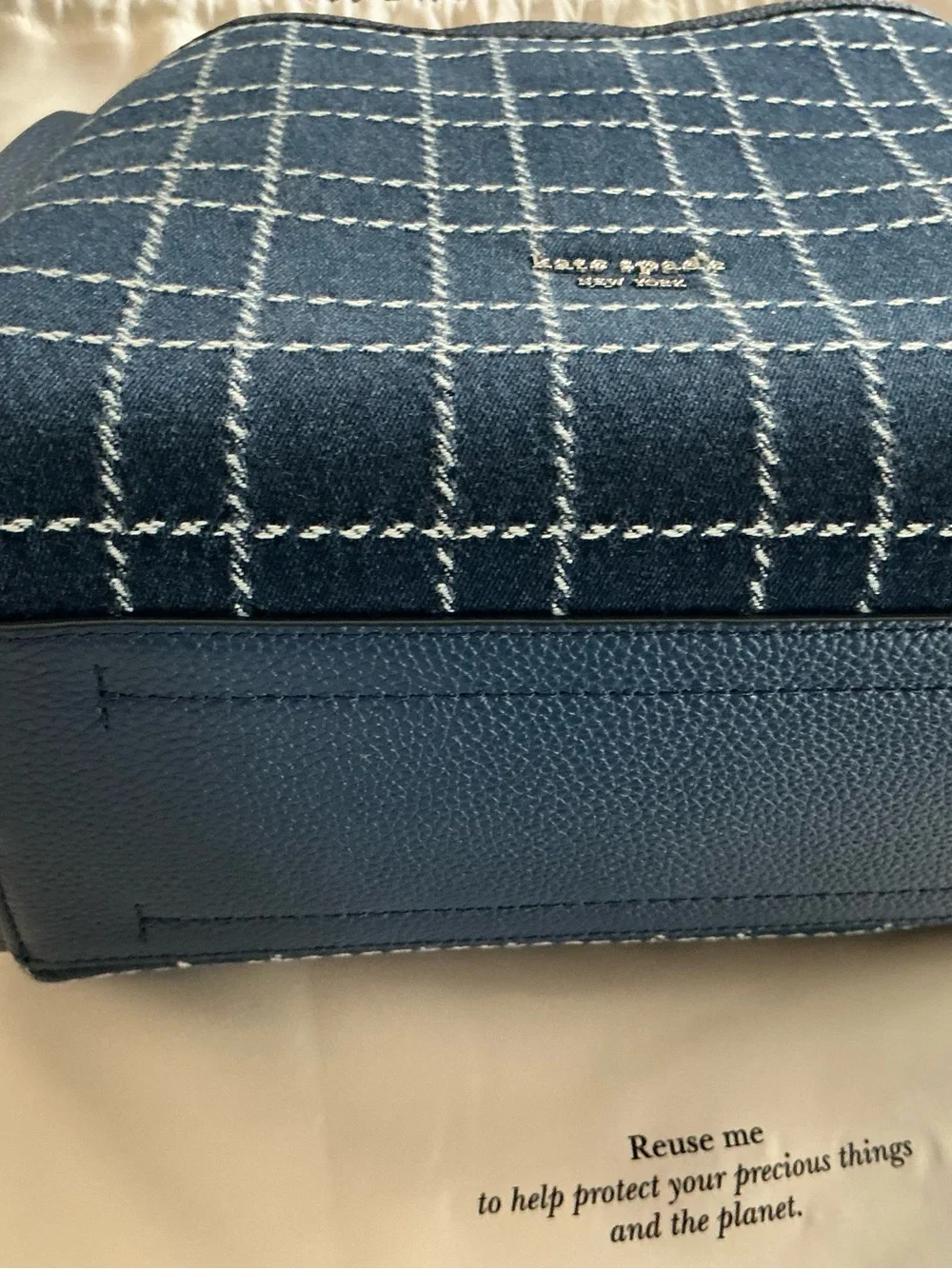 kate spade Navy Plaid Messenger Bag with White Stitching